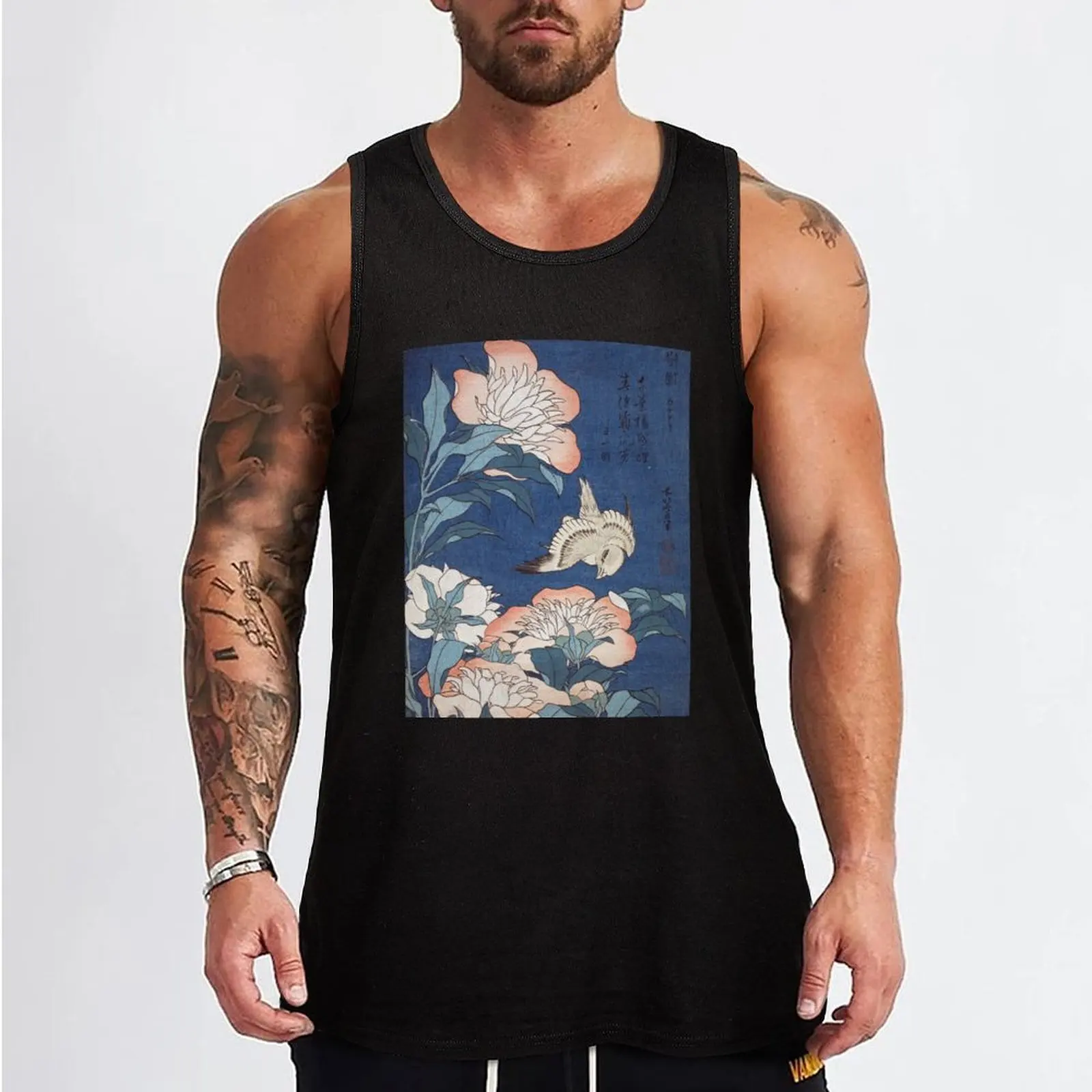 Katsushika Hokusai Peonies and Canary Tank Top Men's gym Male clothes