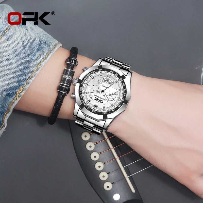 OPK 브랜드 스틸 벨트 듀얼 캘린더 남성용 쿼츠 시계 8127
