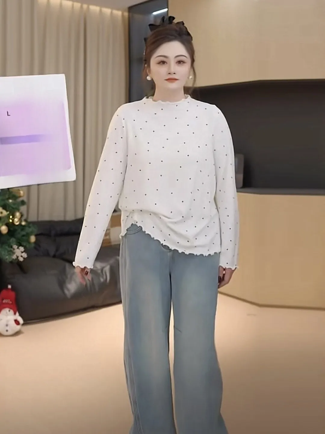 

Slimming Polka Dot T-irt Women's plus Size Loose Long Sve Casual Sle Inner Wear New Arrival Spring Season