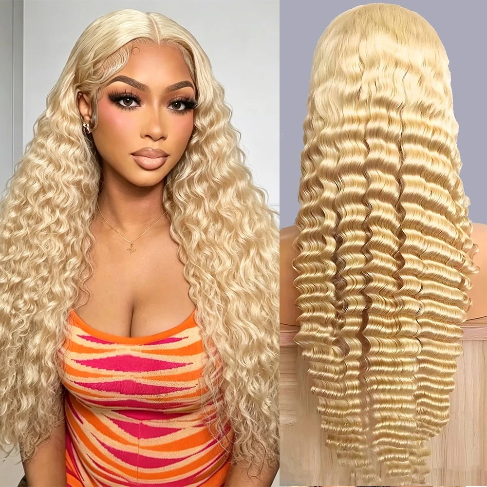 613 Blonde Deep Curly Wave Lace Closure Human Hair Wig 38 Inch 13x4 HD Transparent Lace Front Wig Pre-Plucked Hairline with Baby Hair Full 200% Density Deep Wet And Wavy Wig 613 Curly Dye And Bleach Friendly Human Hair Wigs For Black Woman