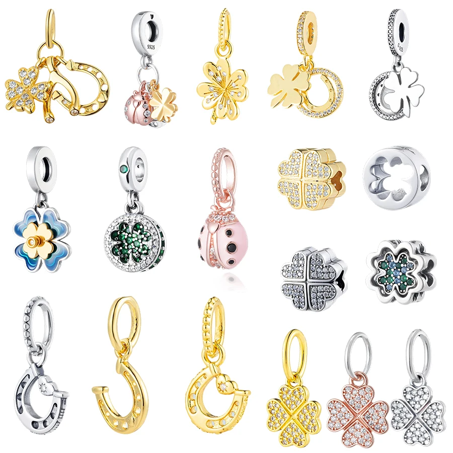 

Подвеска-талисман Lucky Gold Horseshoe&Four Leaf Clover, посеребренная серебром 925 пробы, ювелирное украшение на удачу, подходит для оригинальных браслетов, подарок для женщин/девушек.