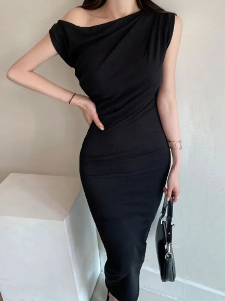 Summer Dress Women 2024 Black Elegant Korean Fashion Bodycon Slash Neck Prom Evening Sheath Party Mid Dresses Women\'s Clothing