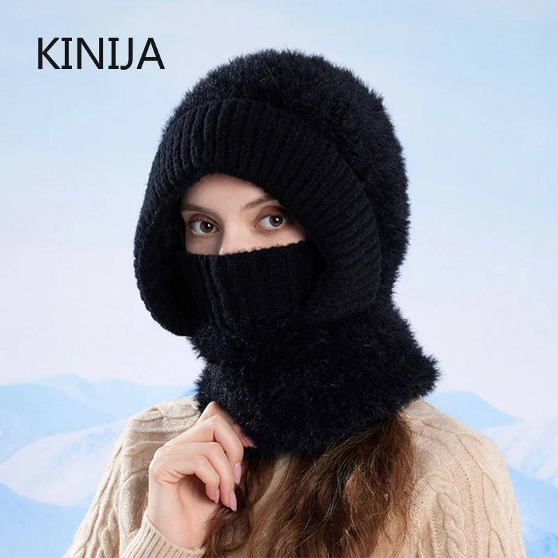 Cycing Mask Balaclava for Women Winter Warm Knitted Hat with Scarf Neck Warmer Thickened Fleece Lining Skullcap Skin All-in-one