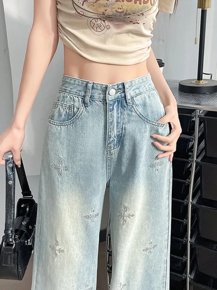 Embroidery Wide-leg Jeans Heavy Industry Women Streetwear American Vintage Do old Washed Y2k Baggy Pants