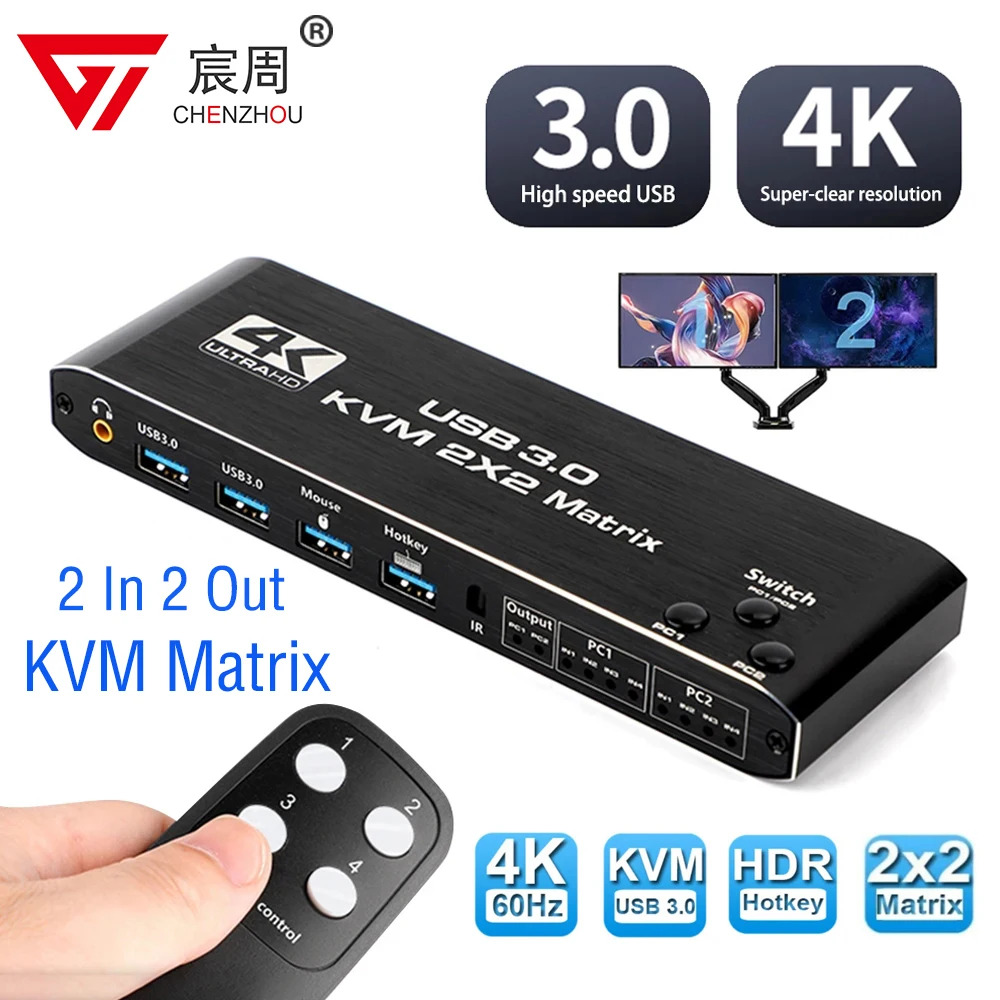 Dual Monitor HDMI KVM Matrix 2x2 USB3.0 HDMI KVM Switch 2 in 2 out 4K 60Hz 2x2 Mixed Display 2 Monitors 2 Computer for PC laptop