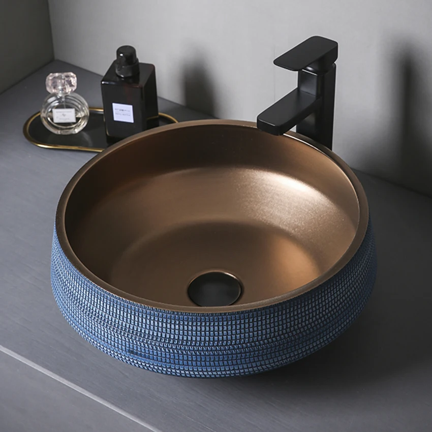 

Light Luxury Table Basin Metal Glaze Ceramic Washbasin Blue Home Bathroom Washbasin Outdoor Balcony Round Countertop Sinks