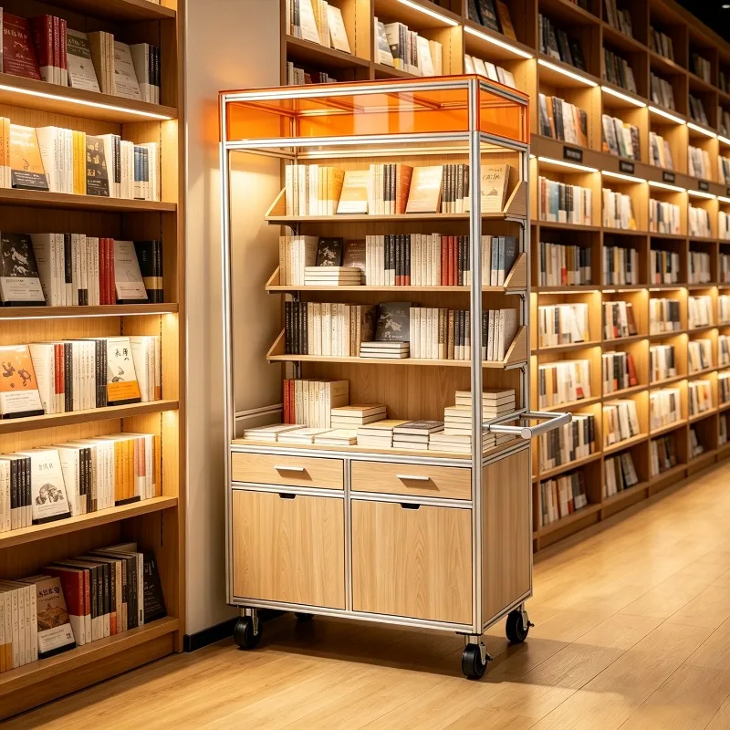 ZS-3 Aluminum Profile Bookshelf Multi-layer Display Cabinet with Wheel Movable Library Adjustable Shelf