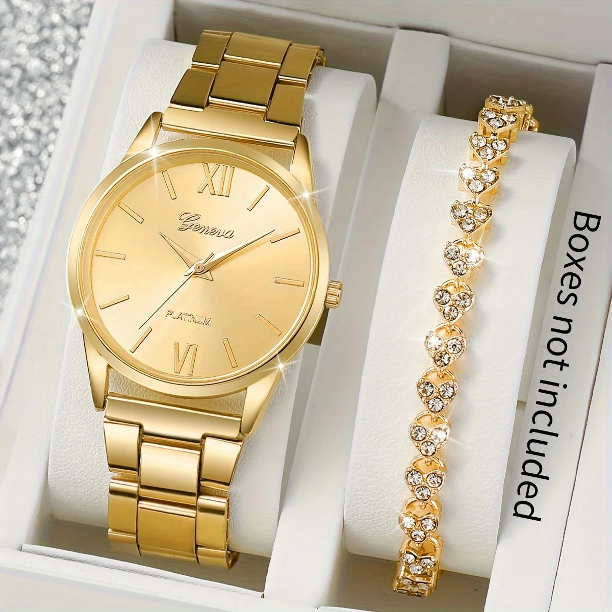 2pcs/set Golden Fashion Quartz Watch Business Minimalist Steel Band Wrist Watch & Bracelet, Gifts For Women Her image 5