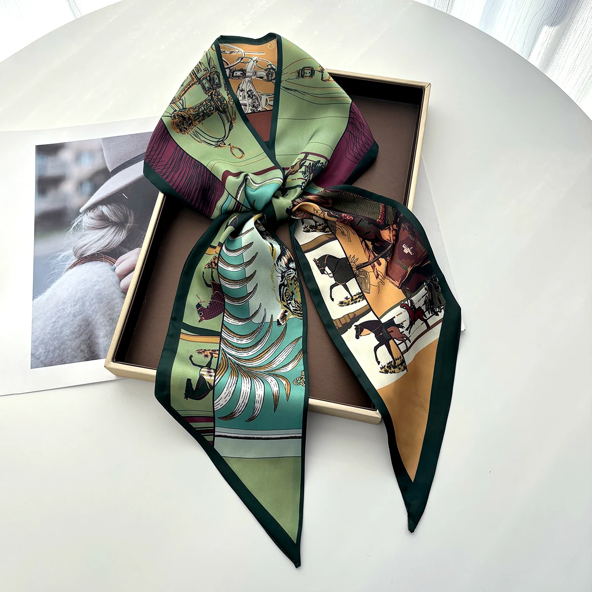 

Элегантный узкий шарф с принтом для женщин, роскошная повязка для волос, мягкая шелковая лента, шарф-платок для шеи, модный пояс на запястье, шейный платок