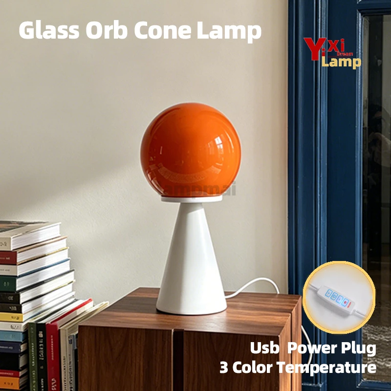 

Murano Glass Orb Cone Table Lamp, 3 Color Temp Dimmable Bedside Lamp, Decor Desk Light for Bedroom, Dorm & Study Room