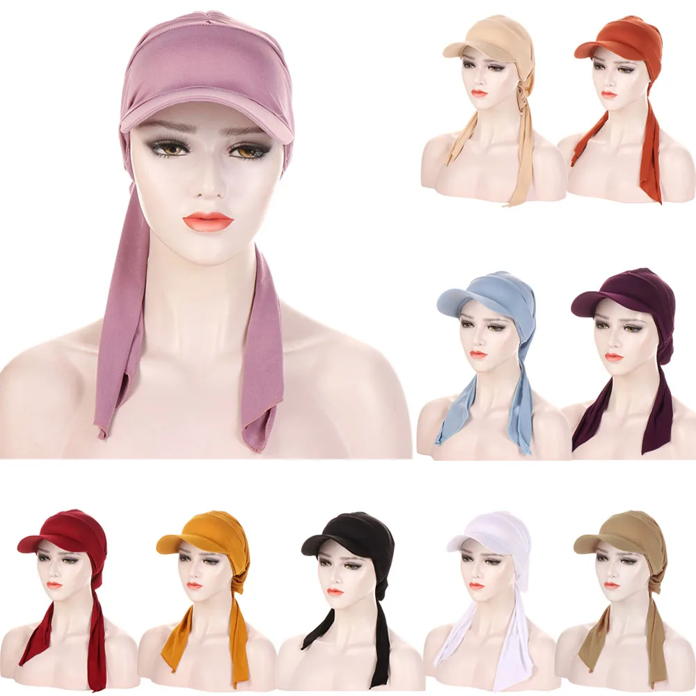 Women Bandana Brim Cap Sun Visor with Pre-Tied Turban Caps Head Scarf Hijab Pure Color Bandage Muslim Female Fashion Outdoor Hat