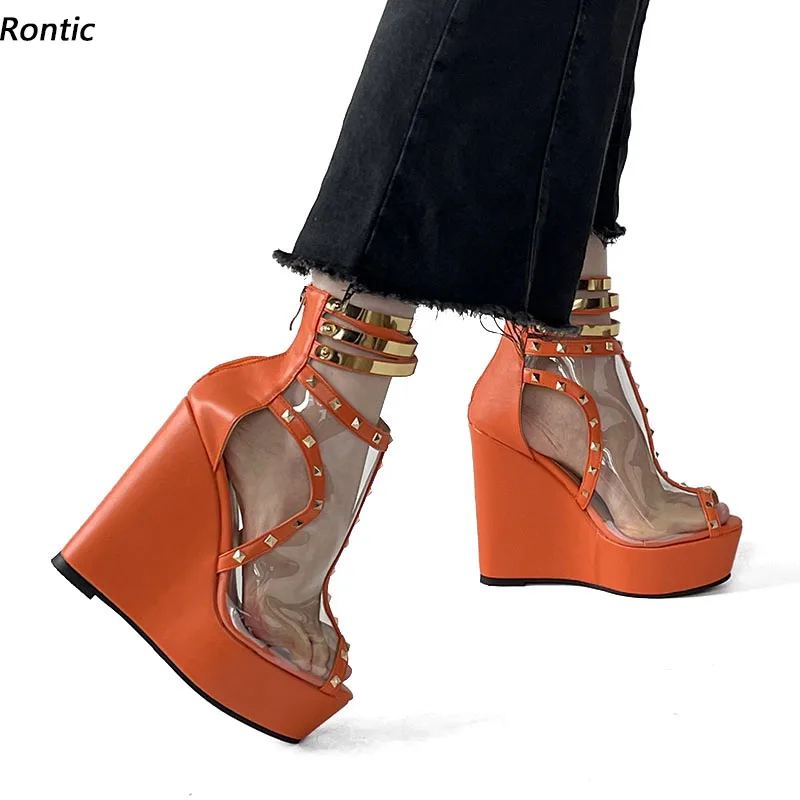 

Rontic, популярные женские сандалии на платформе, пикантные туфли на танкетке с шипами, высокие каблуки с открытым носком, довольно оранжевые вечерние туфли для косплея, размер США, большие размеры 5-20