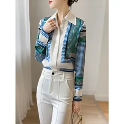 Blusa Coreana de manga larga con cuello vuelto para mujer, camisa con botones empalmados, estampado elegante, moda de primavera y otoño