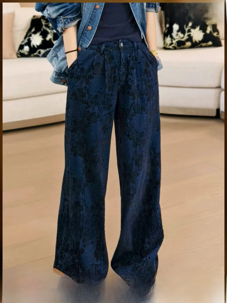 

Meiyang Casual Pants No.3 Wide Leg Denim 3D Emed Floral High Waist Straight Cut Cotton Blend Casual Trousers for Women
