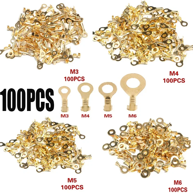 100PCS Ring Crimp Terminal Lugs Electrical Wire Cable Connectors Gold Brass M3 M4 M5 M6 M8 M10 O-Shoe Type Plug for Splice Screw