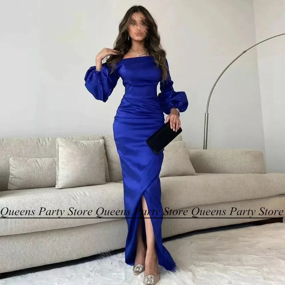 

Royal Blue Evening Dress Saudi Arabic Prom Dresses Pearls Long Sleeves Boat Neck Split Robe De Soiree Mermaid Formal Party Gown