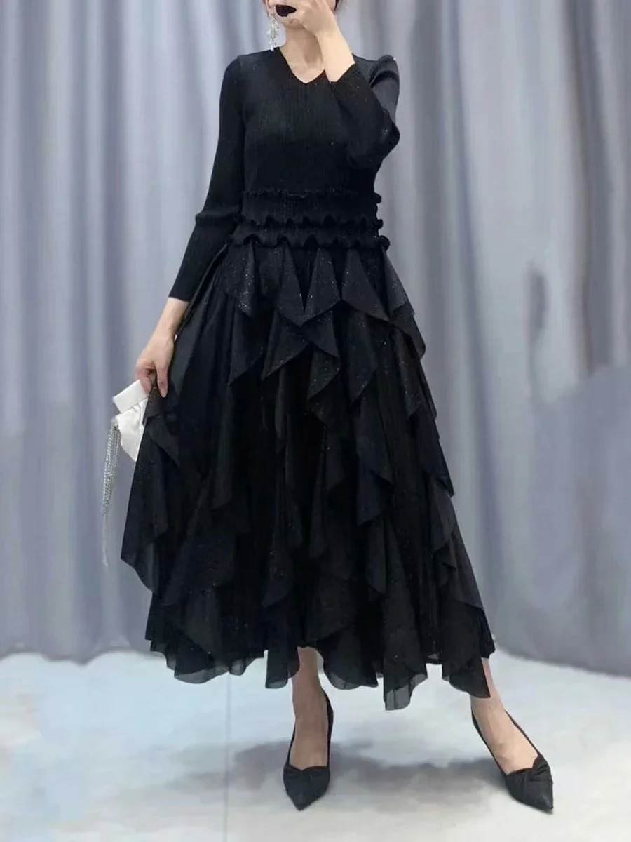 Miyake Pleated Women Irregular Ruffle Maxi Dress 2024 New Mid Long Sleeve Loose V Neck Casual Party Dresses