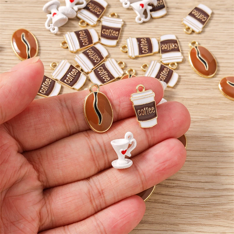 10 Stück süße Emaille-Kaffeebohnen-Tassen-Charms-Anhänger für Schmuckherstellung, Tropfen-Ohrringe, Halsketten, Armbänder, DIY-Bastelzubehör – Detail 3