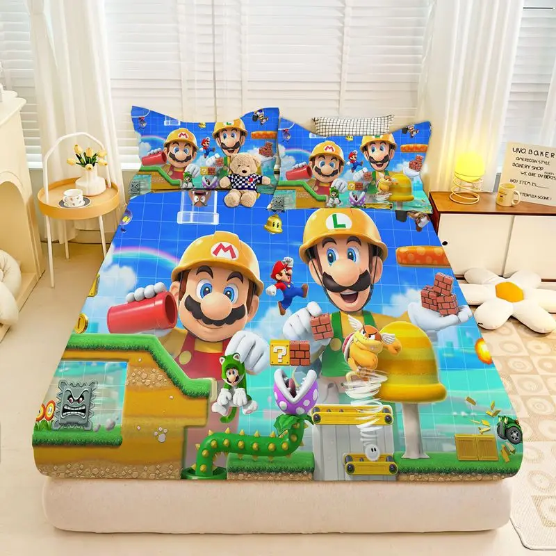 Super-Mario Bed Linen,Single/Queen/King Fitted Bed Sheet  Anime Game Fitted Sheet,with Elastic Band Bedroom Decor Gift