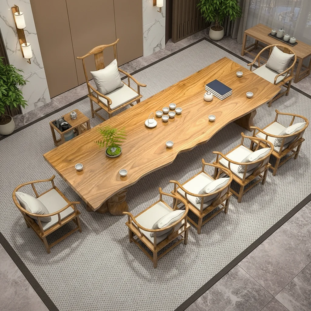 # Solid Wood Slab Table And Chair Set Hotel Lounge Area Solid Wood Tea-Making Table And Chair Set