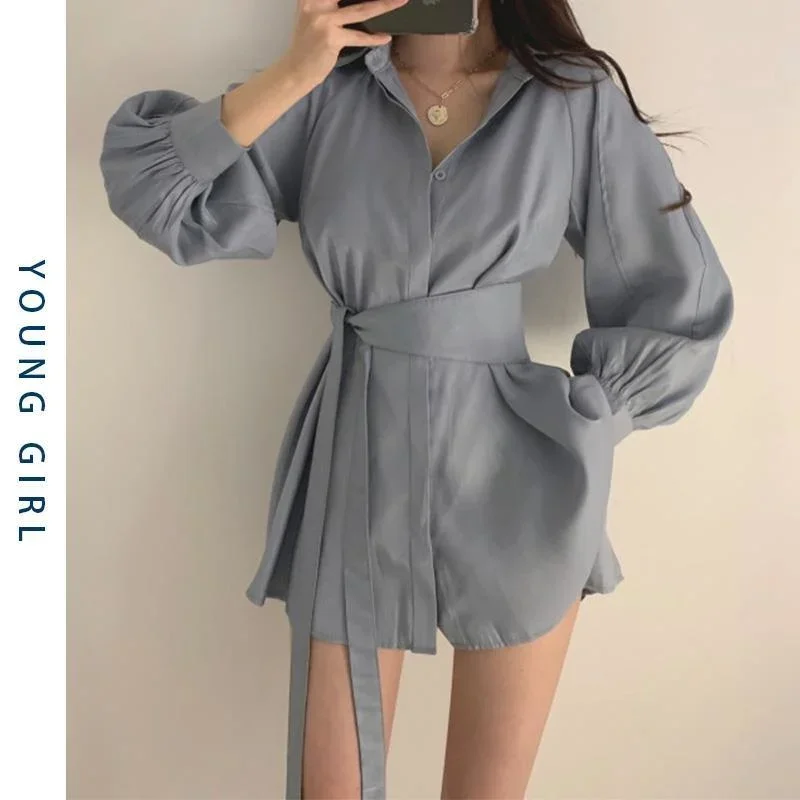 Sleeve Shirt Shorts Two-piece Women Long Waist Shirt Women\'s Design of Vintage Clothes for Women Tops Shirts Blouses