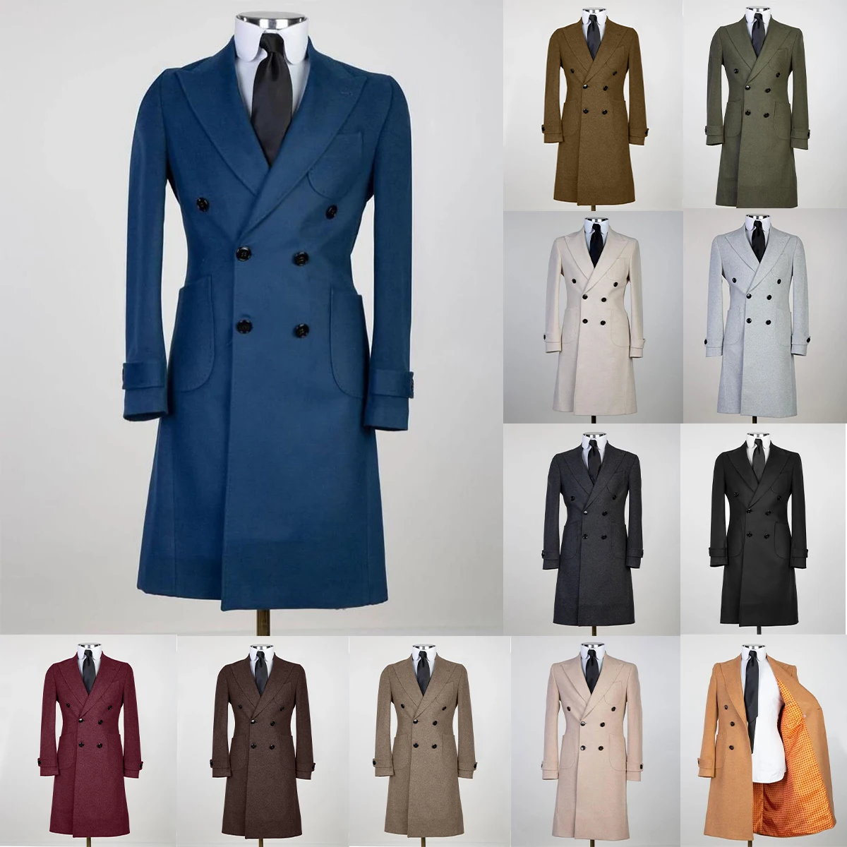 Retro Men's Coat 100% Wool Tweed Solid Color Warm Long Coats Windproof Double Breast Peaked Lapel Out-Wear Tailored