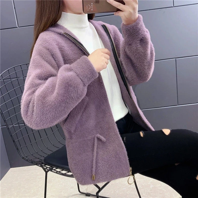 

Autumn Winter New Women Fashion Imitation mink Velvet Hooded Sweater Jacket Korean Loose Knitted Cardigan Female Woolen Coat