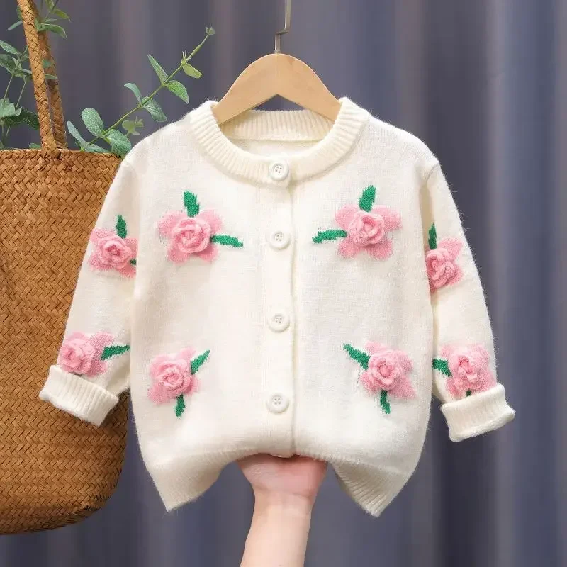 1-8T Floral Embroidered Knitted Cardigan Top Spring Girl Clothes Baby Sweater Kids Knitwear Long Sleeve Cotton Baby Pullover Top