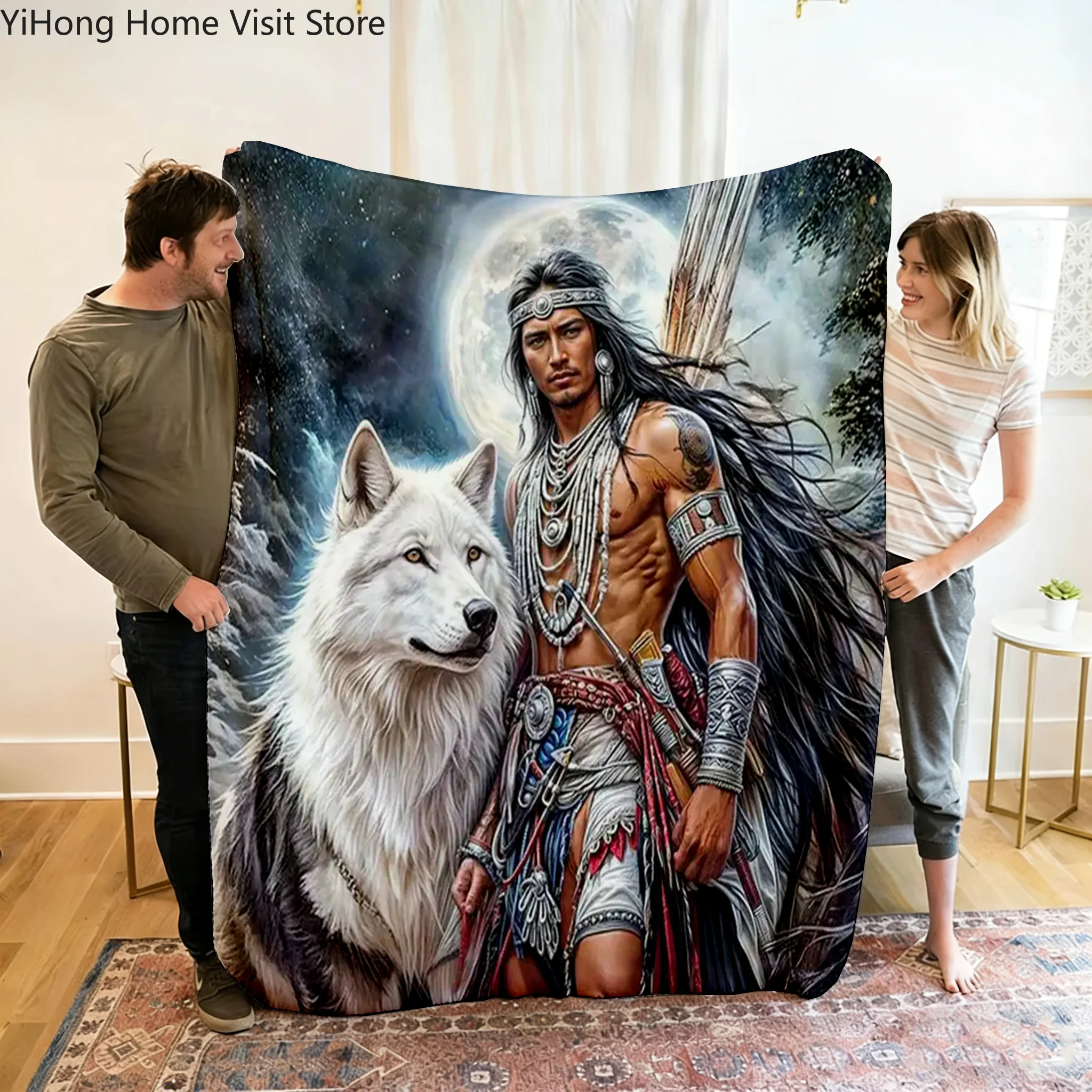 Man Portrait Wolf Animal picture fleece blanket, suitable for sofas, beds, birthdays, children, boys, friends, gifts