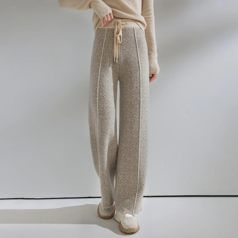 Women Wide-Leg Pants 100% Merino Wool Trousers New Collection High Quality Autumn Winter Soft Thick Female Herringbone‌ Pants