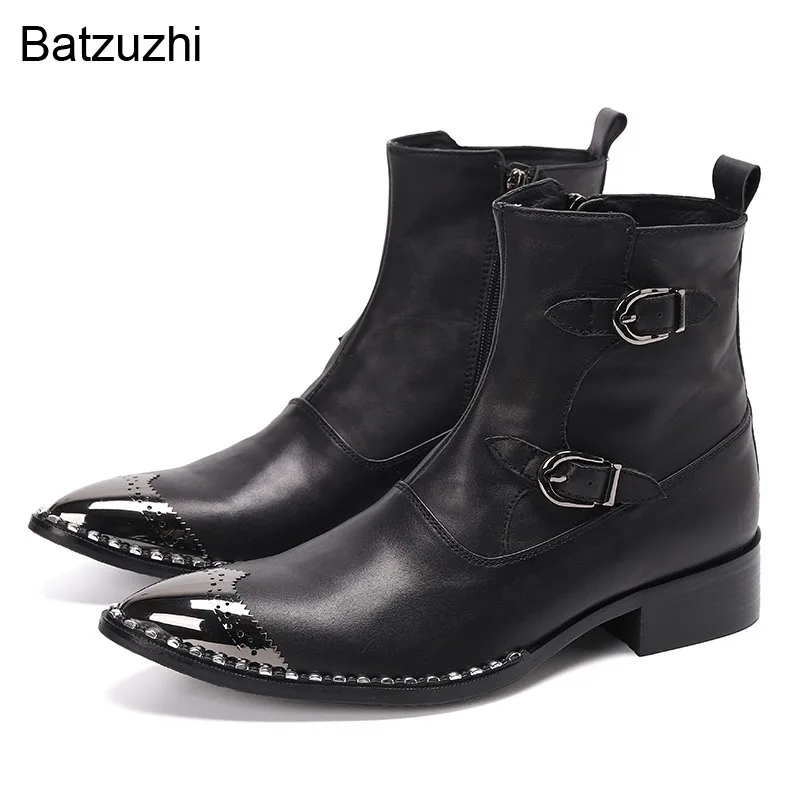 

Batzuzhi Men's Boots Western Cowboy Metal Toe Black Genuine Leather Ankle Boots Men Buckles Knight/Party Boots, Sizes 37-47