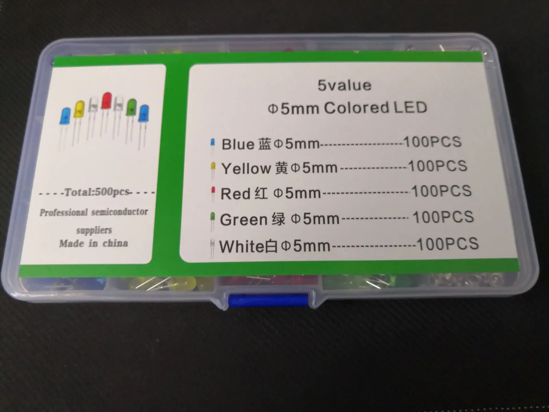 5 Colour X 100pcs=500Pcs LED Diode Kit 5MM F5 Mix Color 5 Value Yellow Blue White Red Green+ 1 BOX Assortment Set Pack