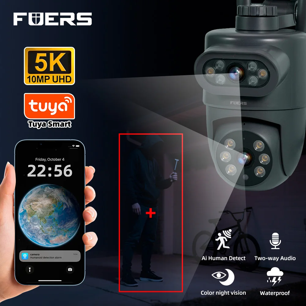 FUERS Tuya Smart 5K 10MP Dual Lens IP Camera Home Security Auto Tracking Wireless WIFI CCTV Surveillance Outdoor Camera 1M power