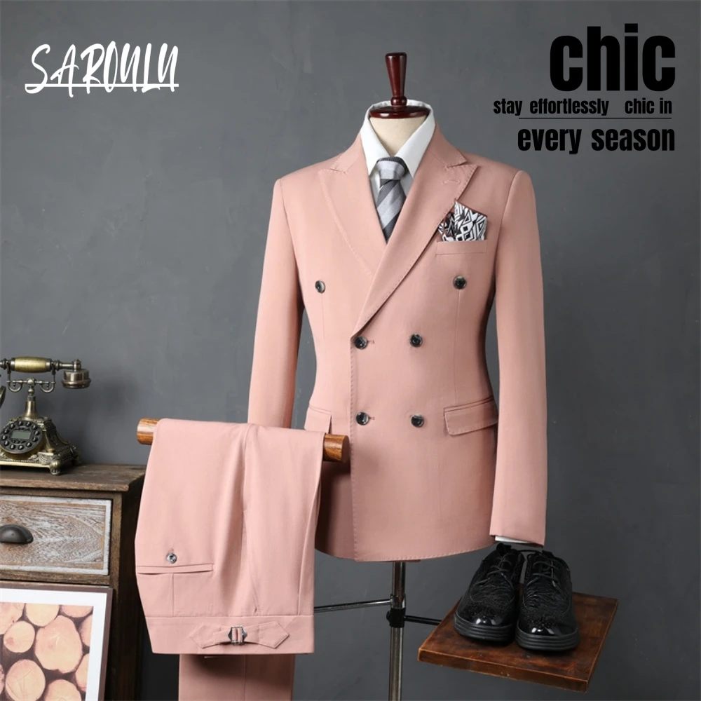 Chic Two Pieces Men's Suit Party Double Breasted Vocation Tuxedo Handsome Groom Wear Smooth Blazer Pants Hot Sale Dancing Set