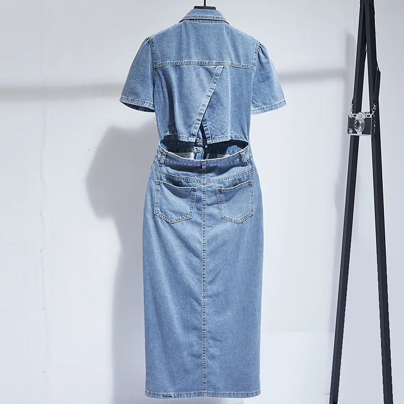 vintage short-sleeved denim dress women fork long jeans dress