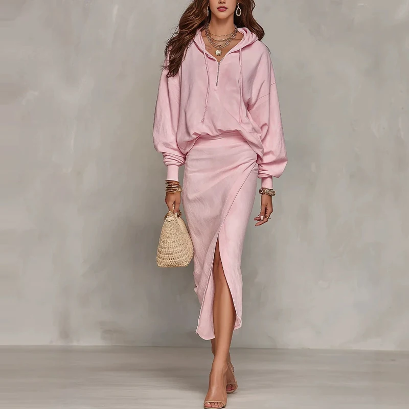 Fashion Solid Color Set Casual Women Half Zip Drawstring Hoodie&Skirts Set High Waist Wrap Split Midi Skirt Solid 2 Piece Outfit