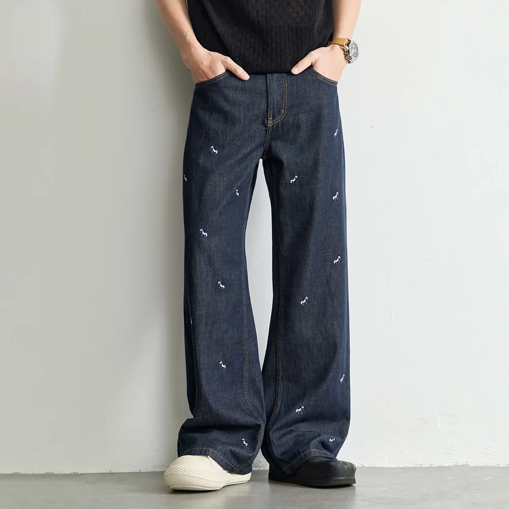 Calças Jeans Retas Clanfit com Bordado para Homens, Moda Streetwear Casual, Jeans Leves e Confortáveis para Mulheres