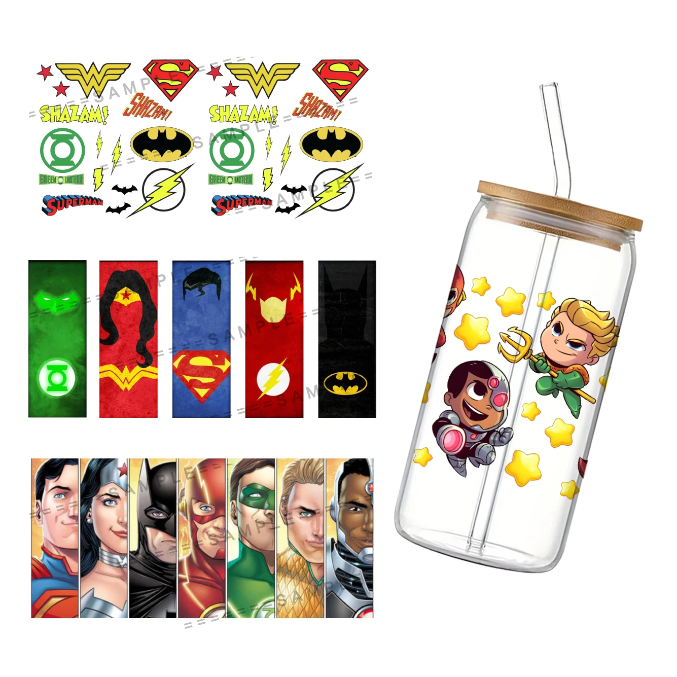 W Hot American Big Heros Printed UV DTF Transfer Sticker Waterproof For 16oz Glass Cup Wrap Stickers
