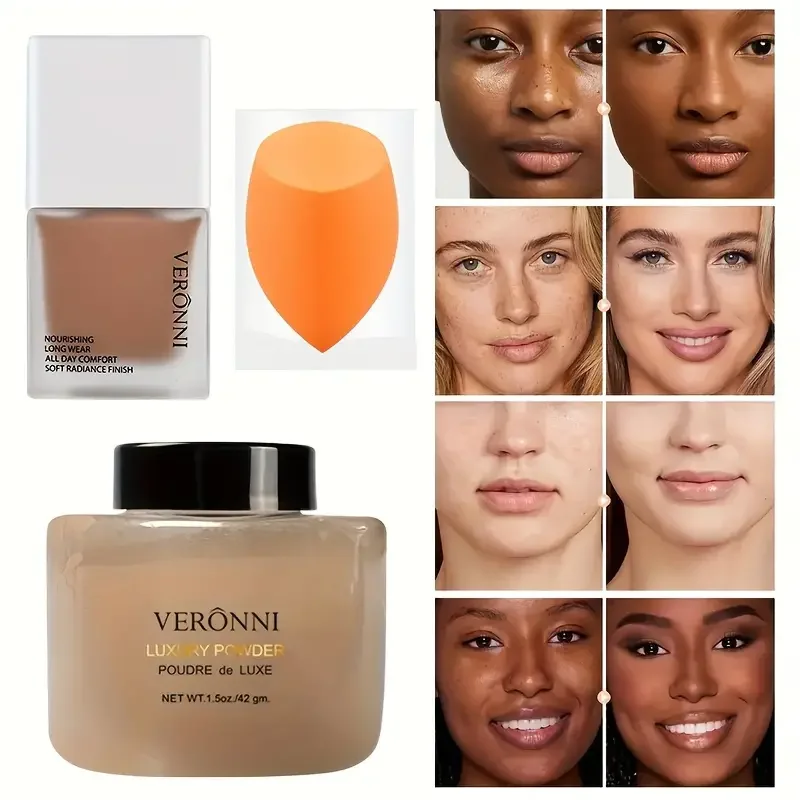 طقم بودرة وفرشاة للأساس والضبط ، جميع طبقات البشرة ، تحكم في الزيوت ، كونسيلر ، تشطيب يدوم طويلاً ، مكياج للوجه ، 3 في 1 #4