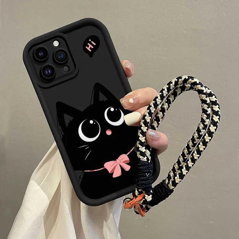 Cute Black Cat Hang Strap Silicone Phone Case For iPhone 11 12 13 14 15 16 17 Pro Max X XS XR 7 8 Plus 16E 17Air Soft Cover - náhled 3