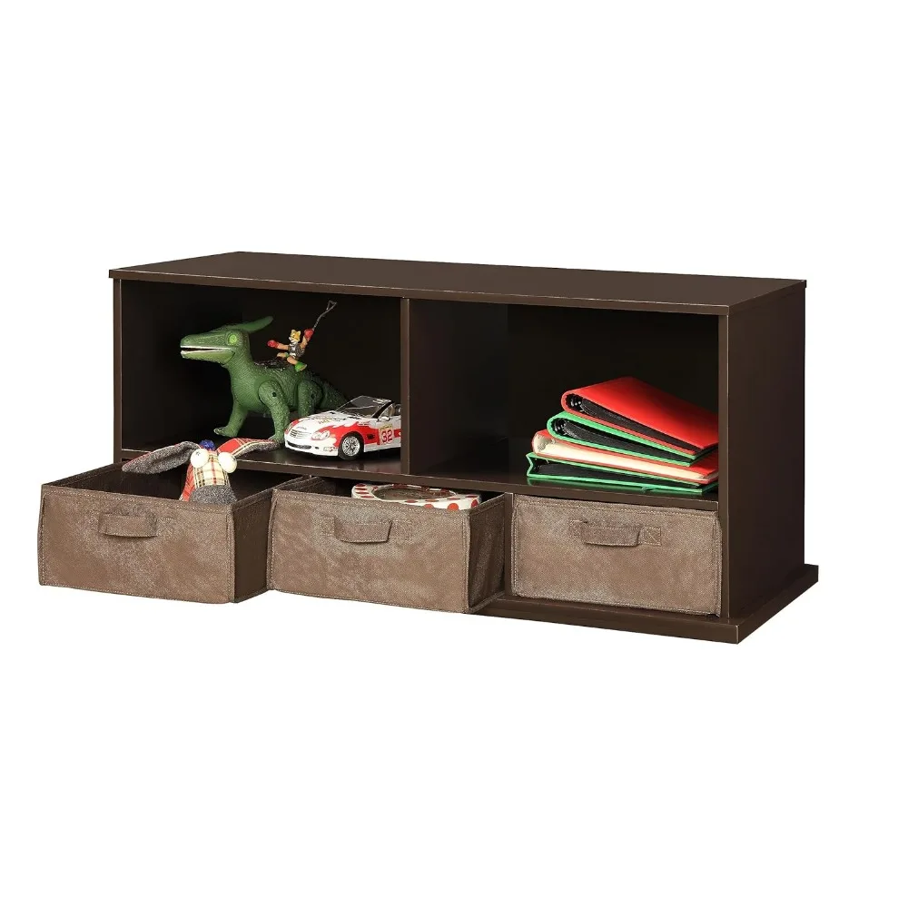 Stackable Toy Organizer with 5 Shelves and 3 Removable Fabric Bins, Expandable Design for Toys and Crafts - Espresso