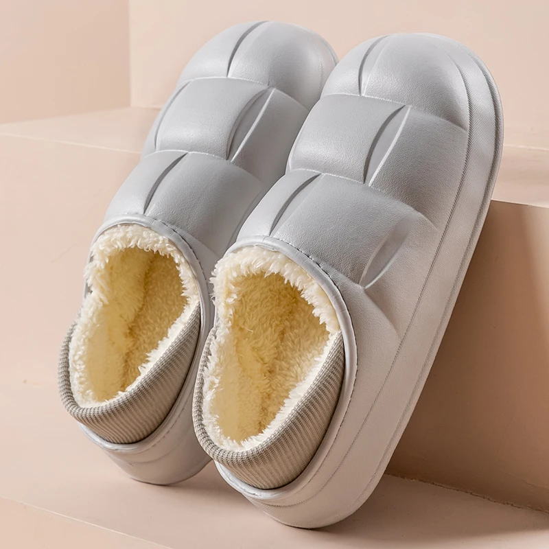 New Winter Waterproof Upper Soft Sole Mens Wrap Heel Antiskid Slides Outside Warm Fluffy Slippers Male Home Casual Cotton Shoes