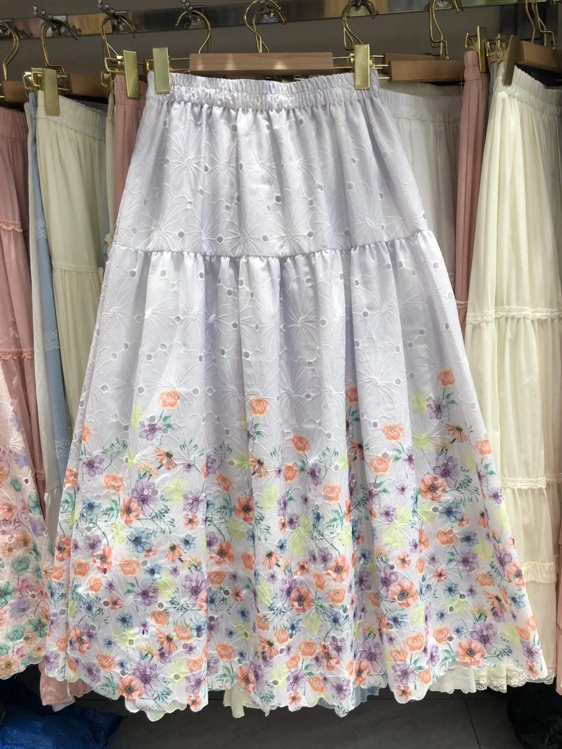 

Summer Heavy Embroidery Cake Skirt Women's Sweet A-Line Midi Dress Slimming Floral Print High Waist Polyester Fiber Hollow out