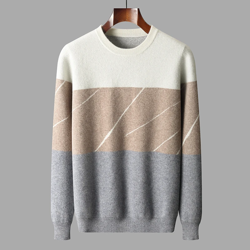 Fit tri-color Autumn/Winter new 100% Merino wool cashmere sweater men's O-collar pullover warm bottom knit shirt top