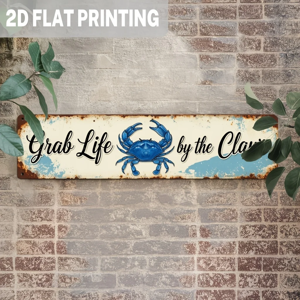 Vintage Metal Sign, Grab Life by the Claws Blue Crab Wall Art for Coastal Decor, Rustic Beach House, Kitchen Backsplash