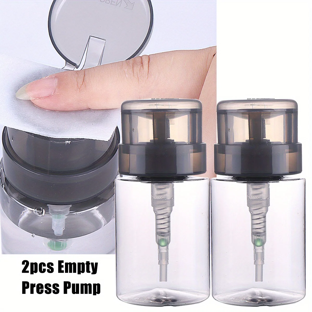 2pcs 100ml Empty Nail Art Polish Clean Bottle Push Pump Dispenser Liquid Storage Bottle Cleanser Remover Container Manicure Tool