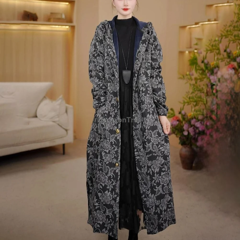 

2025 утепленная хлопково-льняная ветровка, новое теплое зимнее пальто с принтом в китайском этническом стиле, длинное стильное модное элегантное универсальное пальто