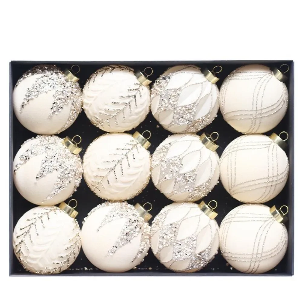 Set Of 12 Christmas Ball Ornaments 8CM Diameter With Glitter And Flocked Design For Tree Decoration And Seasonal Use