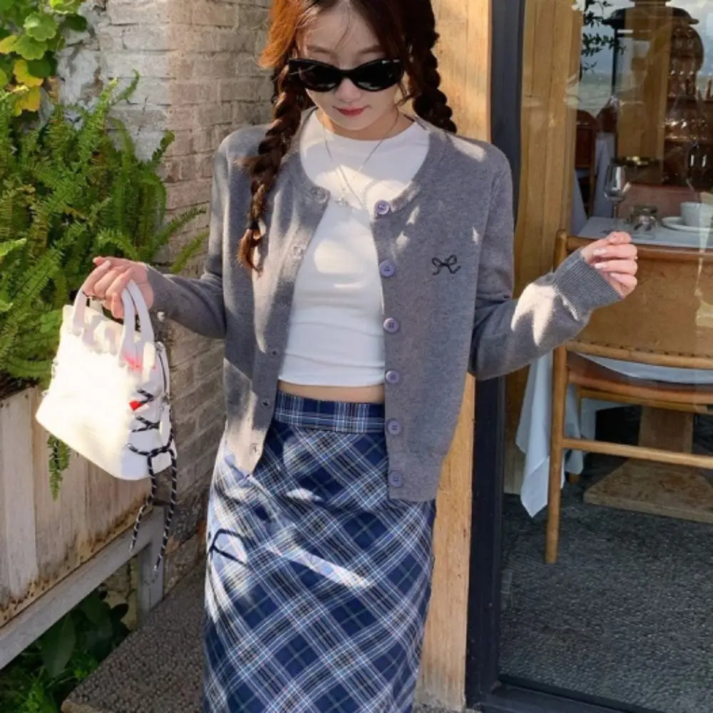 

Solid Bowknot Crochet Sweaters Autumn Spring Long Sleeve Sweet Knitwear Preppy Style Ladies Tops Cardigans Women Y2K Female