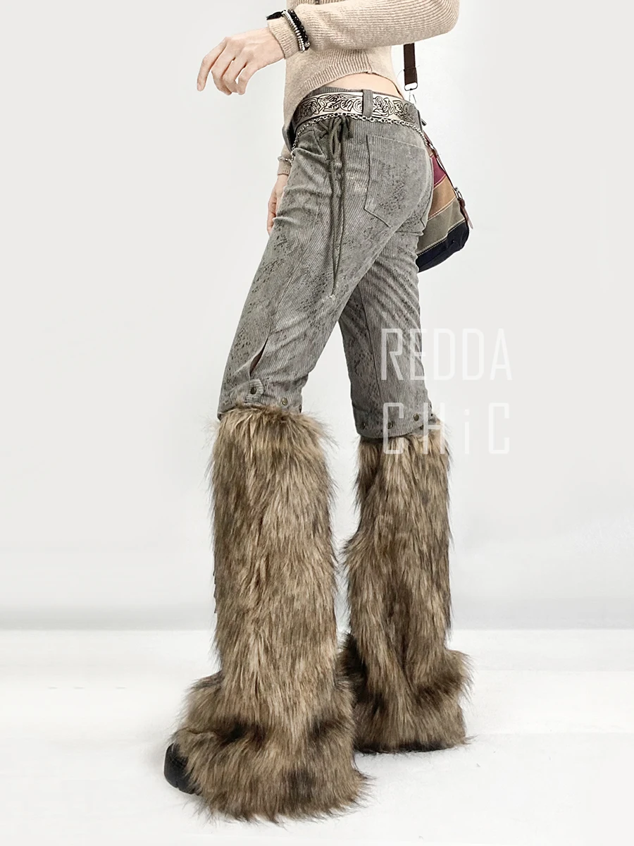 REDDACHiC Faux Fur Women\'s Boot Cut Pants Fuzzy Grayu Y2k Vintage Washed Slim Fit Patchwork Flared Trousers Harajuku Streetwear